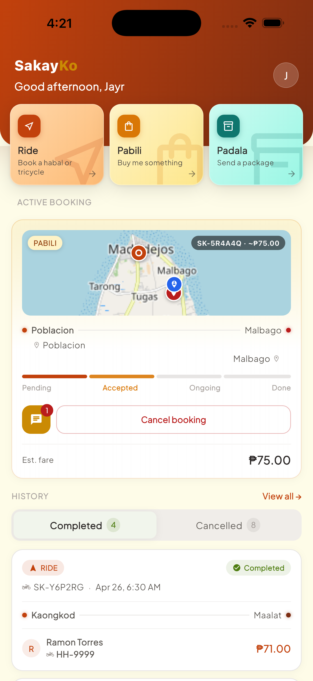 SakayKo passenger home with Ride, Pabili, and Padala