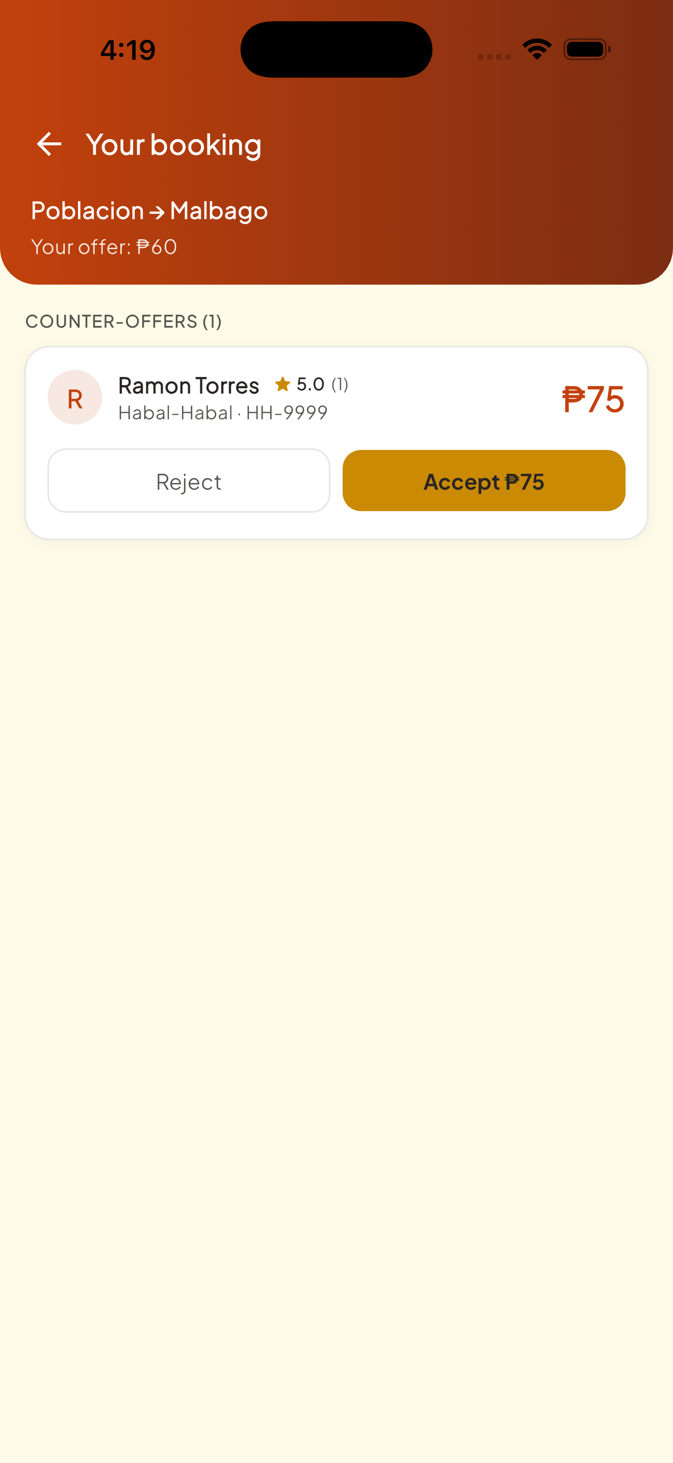 Auction screen showing a driver counter-offer