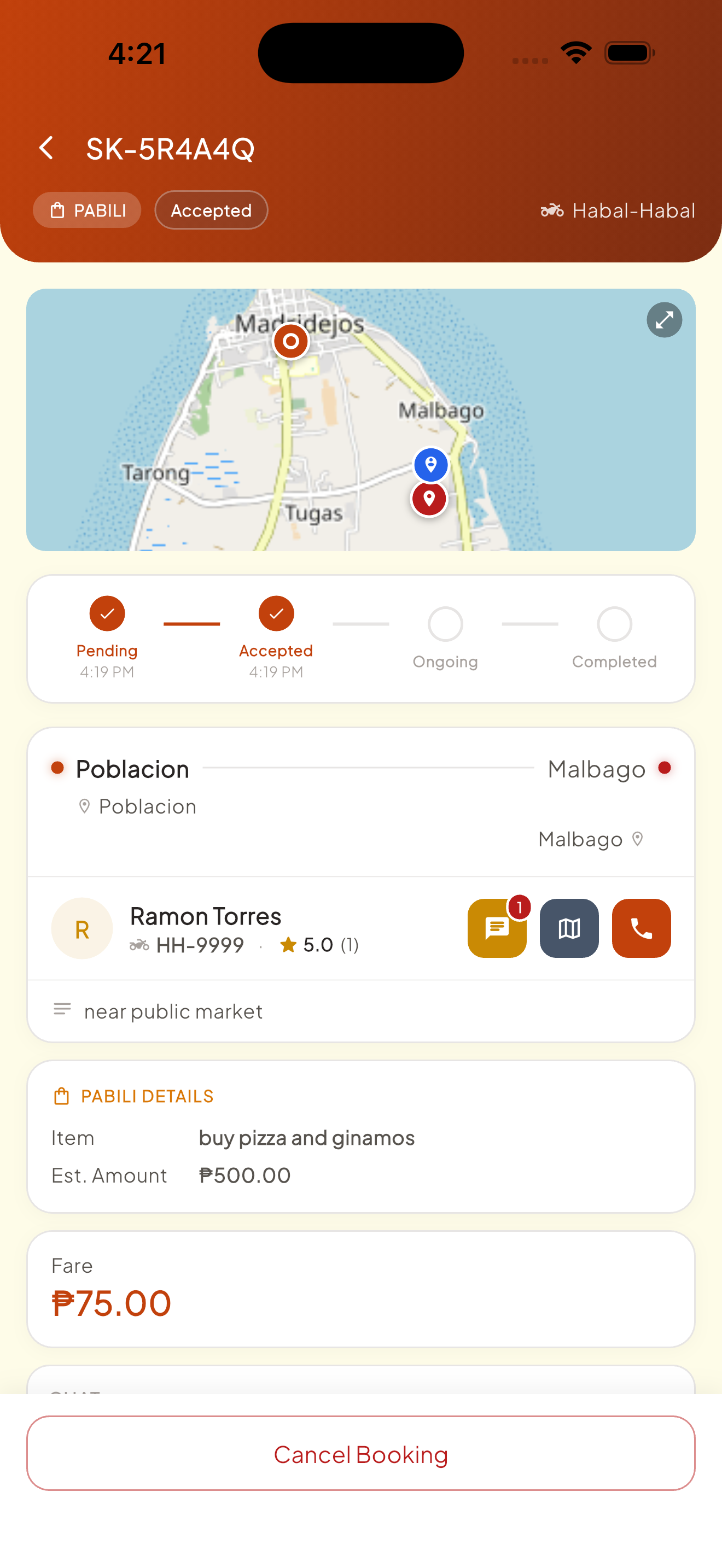 Active booking detail with map, timeline, and chat