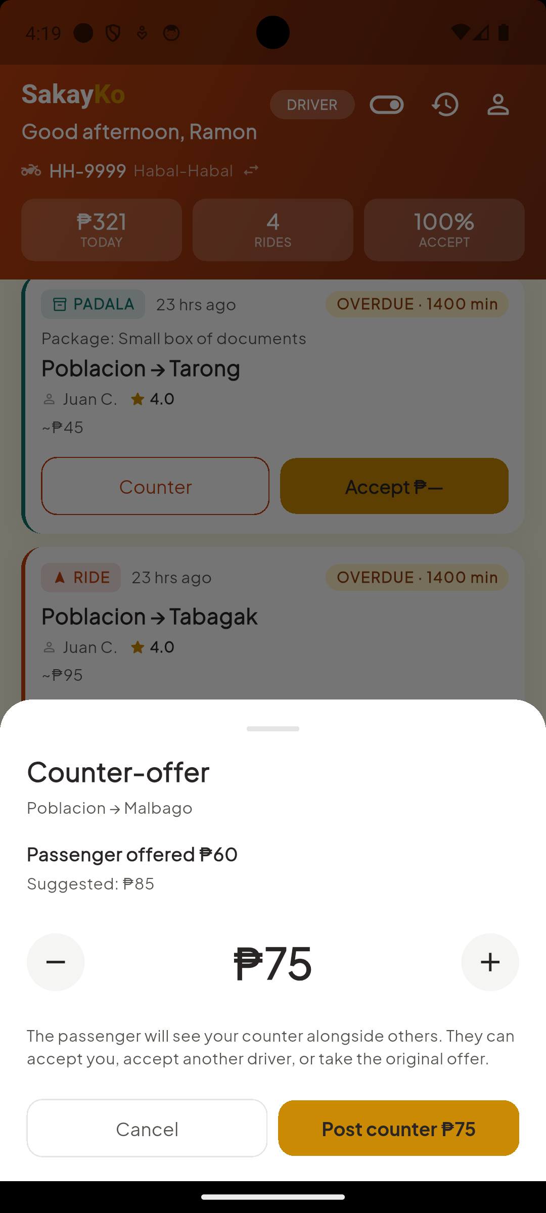 Driver counter-offer sheet with stepper